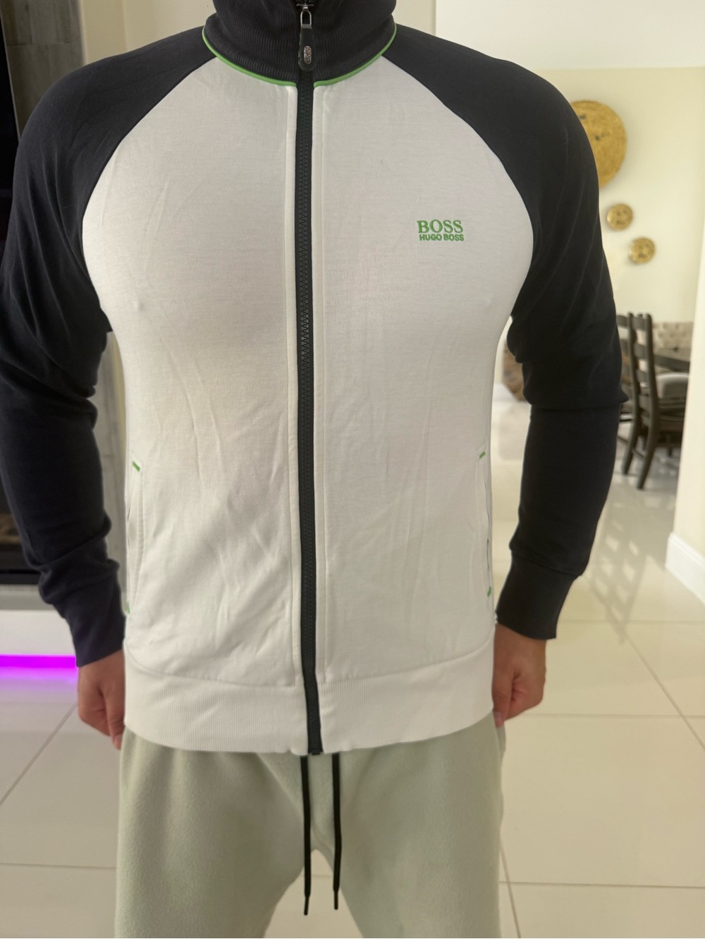 Hugo Boss Men's White Zip-Up Sweater with Black Sleeves and Green Trim
